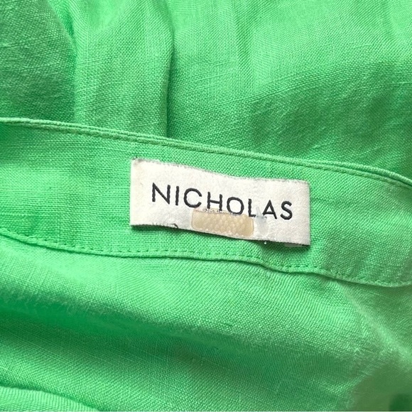 NICHOLAS Lime Linen Puff Short Sleeve V-Neck Tie Waist Button Front Midi Dress 6 - Picture 6 of 10